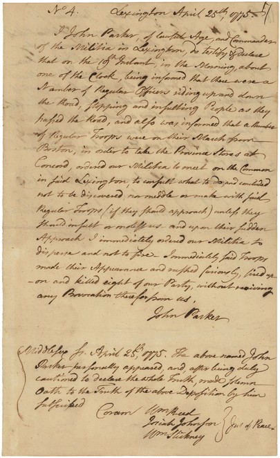 Deposition of Captain John Parker Concerning the Battle at Lexington, April 25, 1775.